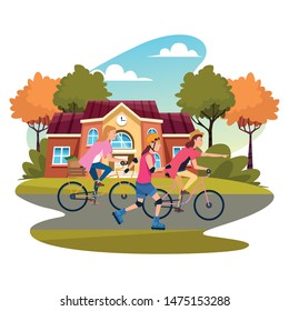 Young people riding with bikes and skates wearing accesories outside high school building outside from school building ,vector illustration graphic design.