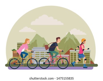 Young people riding with bikes and skates wearing accesories in the city urban buildings scenery in the city urban scenery background ,vector illustration graphic design.