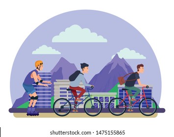 Young people riding with bikes and skates wearing accesories in the city urban buildings scenery in the city urban scenery background ,vector illustration graphic design.