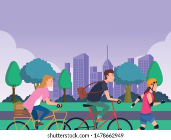 Young people riding with bikes and skates wearing accesories in the city ,vector illustration graphic design.