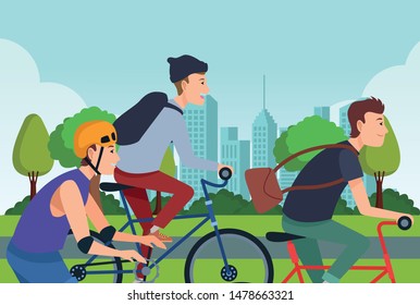 Young people riding with bikes and skates wearing accesories in the city ,vector illustration graphic design.