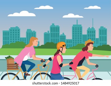 Young people riding with bikes and skates wearing accesories in the city ,vector illustration graphic design.