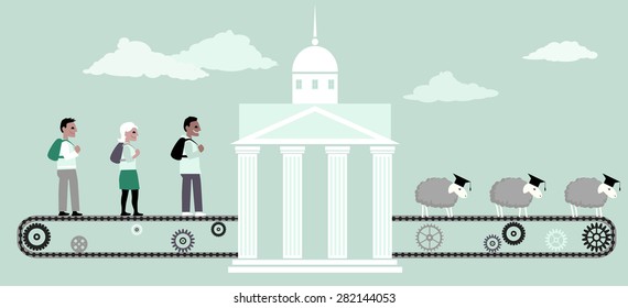 Young people riding a conveyor belt to the university building, from the other side seep in graduation caps coming out of it, vector illustration, no transparencies, EPS 8