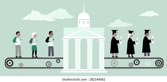 Young people riding a conveyor belt to the university building, from the other side people in graduation caps and capes coming out of it, vector illustration, no transparencies, EPS 8