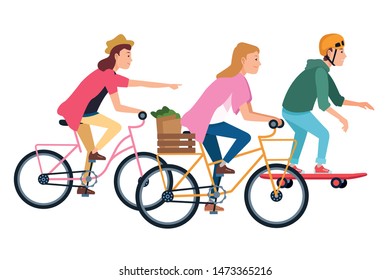 Young people riding on bicycles and skateboard with accesories ,vector illustration graphic design.