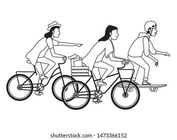 Young people riding on bicycles and skateboard with accesories ,vector illustration graphic design.