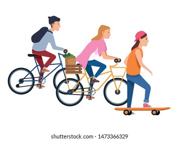 Young people riding on bicycles and skateboard with accesories ,vector illustration graphic design.