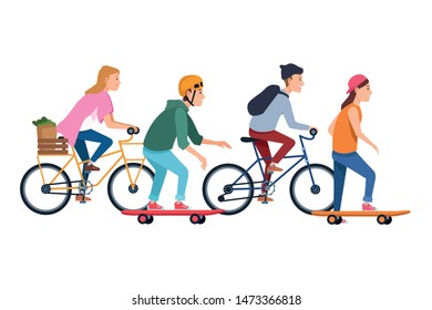 Young people riding on bicycles and skateboard with accesories ,vector illustration graphic design.