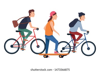 Young people riding on bicycles and skateboard with accesories ,vector illustration graphic design.