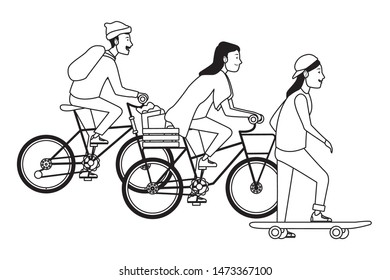 Young people riding on bicycles and skateboard with accesories ,vector illustration graphic design.