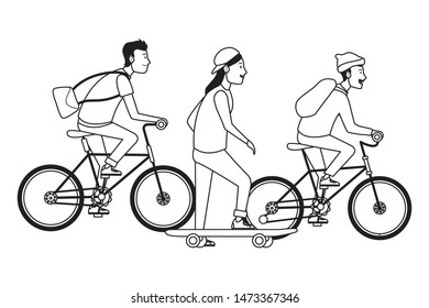 Young people riding on bicycles and skateboard with accesories ,vector illustration graphic design.