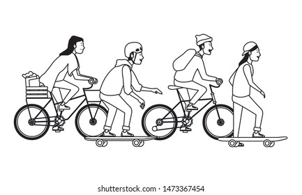 Young people riding on bicycles and skateboard with accesories ,vector illustration graphic design.
