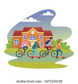 Young people riding on bicycles and skateboard with accesories outside high school building outside from school building ,vector illustration graphic design.