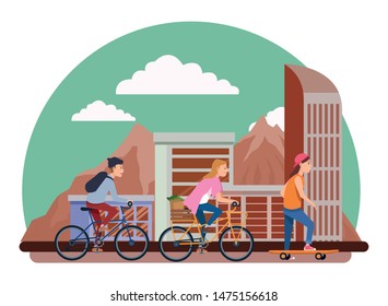 Young people riding on bicycles and skateboard with accesories in the city urban buildings scenery in the city urban scenery background ,vector illustration graphic design.