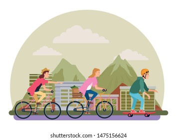 Young people riding on bicycles and skateboard with accesories in the city urban buildings scenery in the city urban scenery background ,vector illustration graphic design.