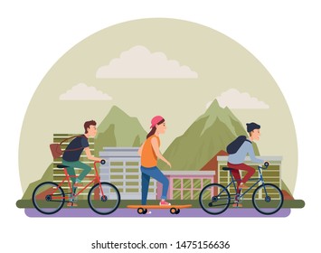 Young people riding on bicycles and skateboard with accesories in the city urban buildings scenery in the city urban scenery background ,vector illustration graphic design.