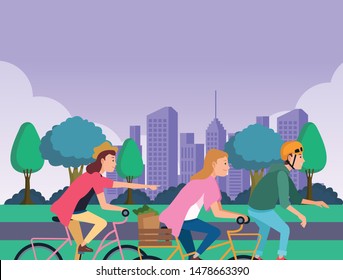 Young people riding on bicycles and skateboard with accesories in the city ,vector illustration graphic design.