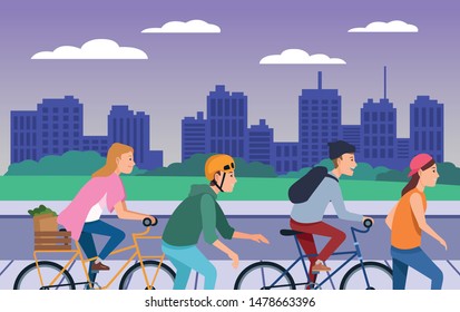 Young people riding on bicycles and skateboard with accesories in the city ,vector illustration graphic design.