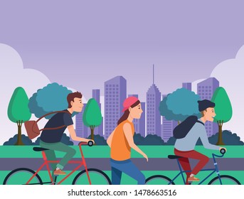 Young people riding on bicycles and skateboard with accesories in the city ,vector illustration graphic design.