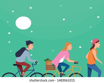 Young people riding on bicycles and skateboard with accesories at night with moon and stars ,vector illustration graphic design.