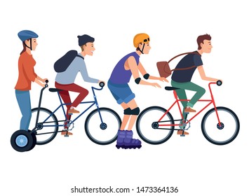 Young people riding on bikes, electric scooter and skates with accesories ,vector illustration graphic design.