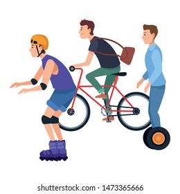 Young people riding on bikes, electric scooter and skates with accesories ,vector illustration graphic design.