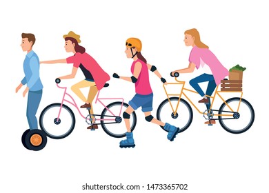 Young people riding on bikes, electric scooter and skates with accesories ,vector illustration graphic design.