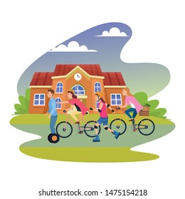Young people riding on bikes, electric scooter and skates with accesories outside high school building outside from school building ,vector illustration graphic design.