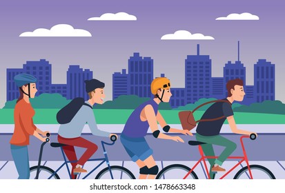 Young people riding on bikes, electric scooter and skates with accesories in the city ,vector illustration graphic design.