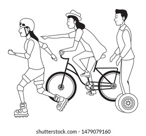 Young people riding on bikes, electric scooter and skates with accesories ,vector illustration graphic design.