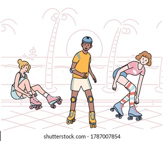 Los jóvenes están montando patines. Fondo tropical del complejo. ilustraciones de diseño vectorial de estilo dibujado a mano. 