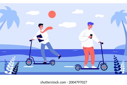 Young people riding scooters flat vector illustration. Office worker wearing tie and teenager with bright hair using scooter as vehicle at seaside. Youth, transport, resort, age, modernity concept