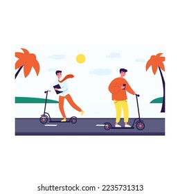 Young people riding scooters flat vector illustration. Office worker wearing tie and teenager with bright hair using scooter as vehicle at seaside. Youth, transport, resort concept