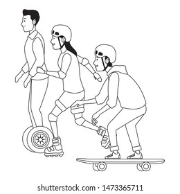 Young people riding with skateboard, electric scooter and skates wearing accesories ,vector illustration graphic design.