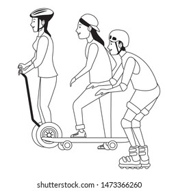 Young people riding with skateboard, electric scooter and skates wearing accesories ,vector illustration graphic design.