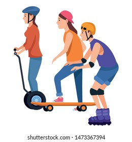 Young people riding with skateboard, electric scooter and skates wearing accesories ,vector illustration graphic design.