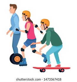 Young people riding with skateboard, electric scooter and skates wearing accesories ,vector illustration graphic design.