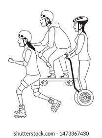 Young people riding with skateboard, electric scooter and skates wearing accesories ,vector illustration graphic design.