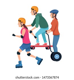 Young people riding with skateboard, electric scooter and skates wearing accesories ,vector illustration graphic design.