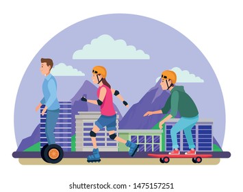 Young people riding with skateboard, electric scooter and skates wearing accesories in the city urban buildings scenery in the city urban scenery background ,vector illustration graphic design.