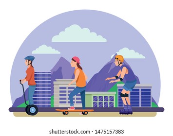 Young people riding with skateboard, electric scooter and skates wearing accesories in the city urban buildings scenery in the city urban scenery background ,vector illustration graphic design.