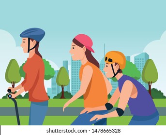 Young people riding with skateboard, electric scooter and skates wearing accesories in the city ,vector illustration graphic design.