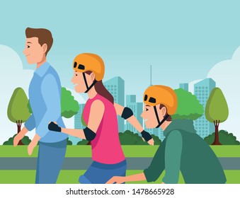 Young people riding with skateboard, electric scooter and skates wearing accesories in the city ,vector illustration graphic design.