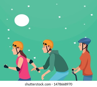 Young people riding with skateboard, electric scooter and skates wearing accesories at night with moon and stars ,vector illustration graphic design.