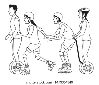 Young people riding with skates and electric scooters wearing accesories ,vector illustration graphic design.