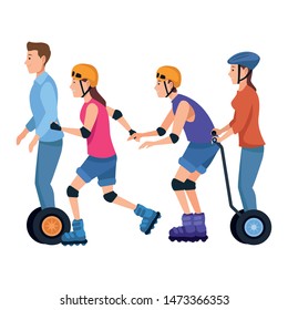 Young people riding with skates and electric scooters wearing accesories ,vector illustration graphic design.