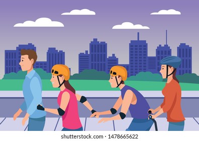 Young people riding with skates and electric scooters wearing accesories in the city ,vector illustration graphic design.