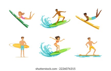 Young people riding surfboards set. Extreme water sport, people enjoying summer vacation vector illustration