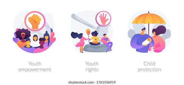 Young People Rights Protection Abstract Concept Vector Illustration Set. Youth Rights And Empowerment, Child Protection, Take Action, Improve Life Quality, Involvement, Voting Age Abstract Metaphor.