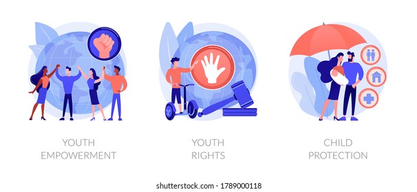 Young people rights protection abstract concept vector illustration set. Youth rights and empowerment, child protection, take action, improve life quality, involvement, voting age abstract metaphor.